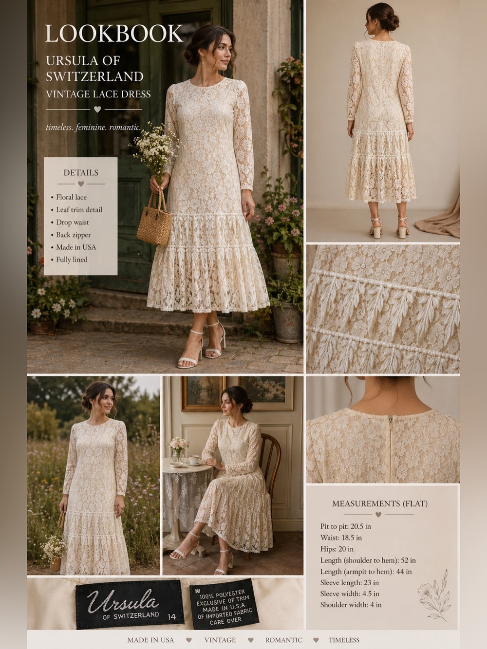 Ursula of Switzerland Lace Dress Ivory Vintage Romantic Midi